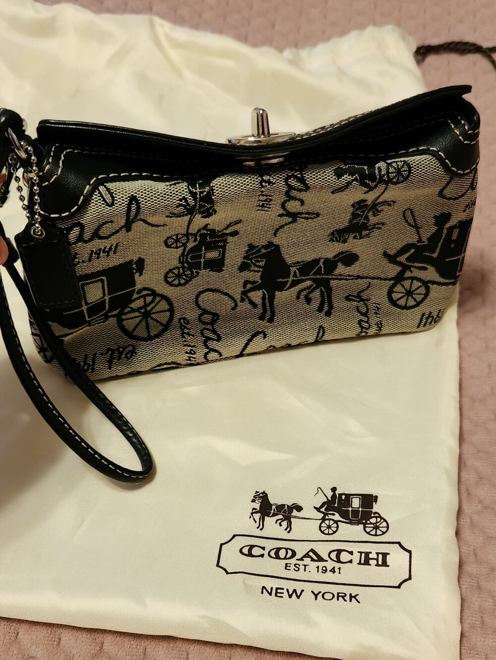 Classic Coach Grey Canvas MINI Wristlet with Black Trim and Horse Carriage Print